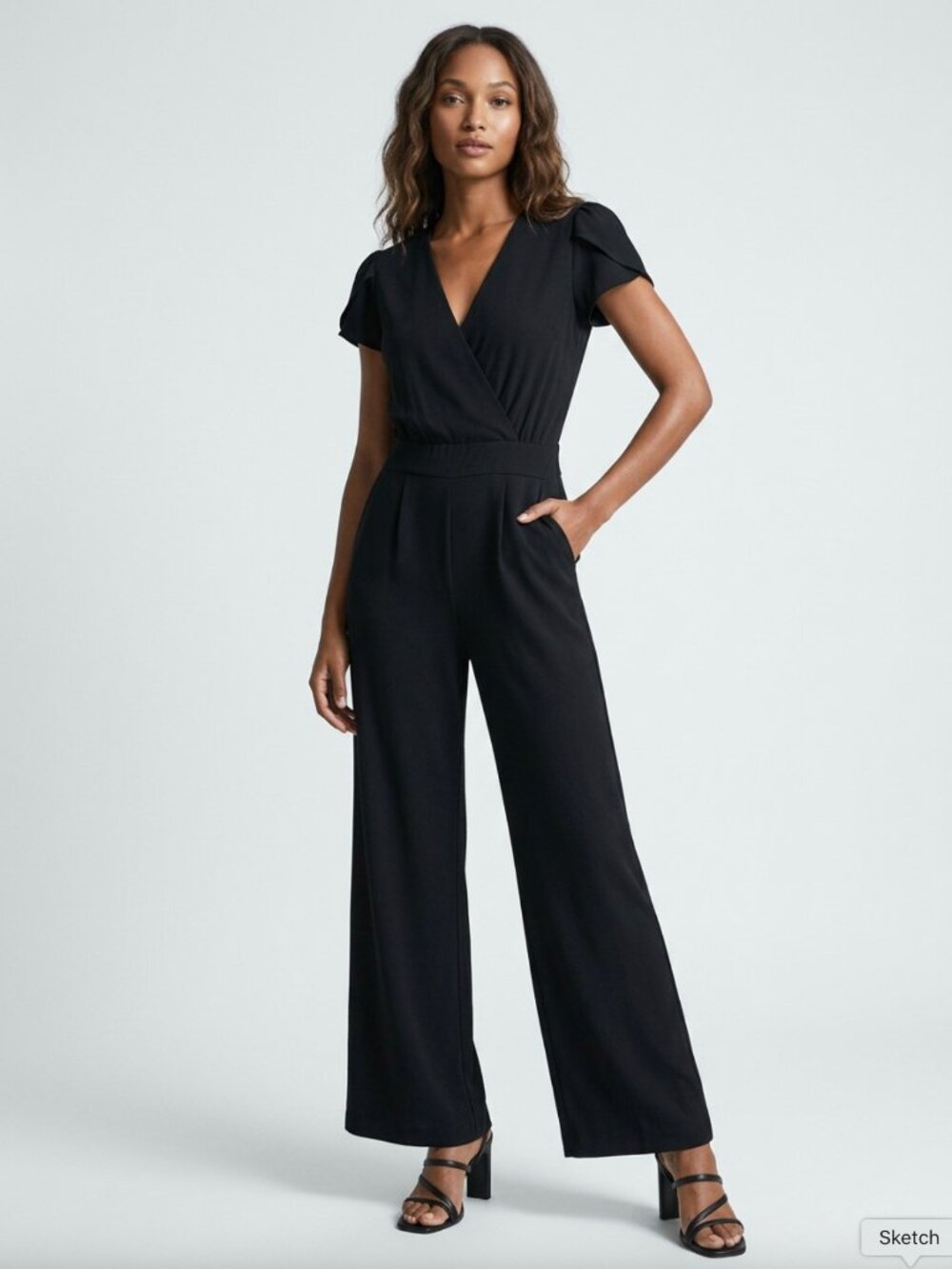 DIANE VON FURSTENBERG Black Silk Blend Wrap-Front Wide-Leg Jumpsuit Sz 2